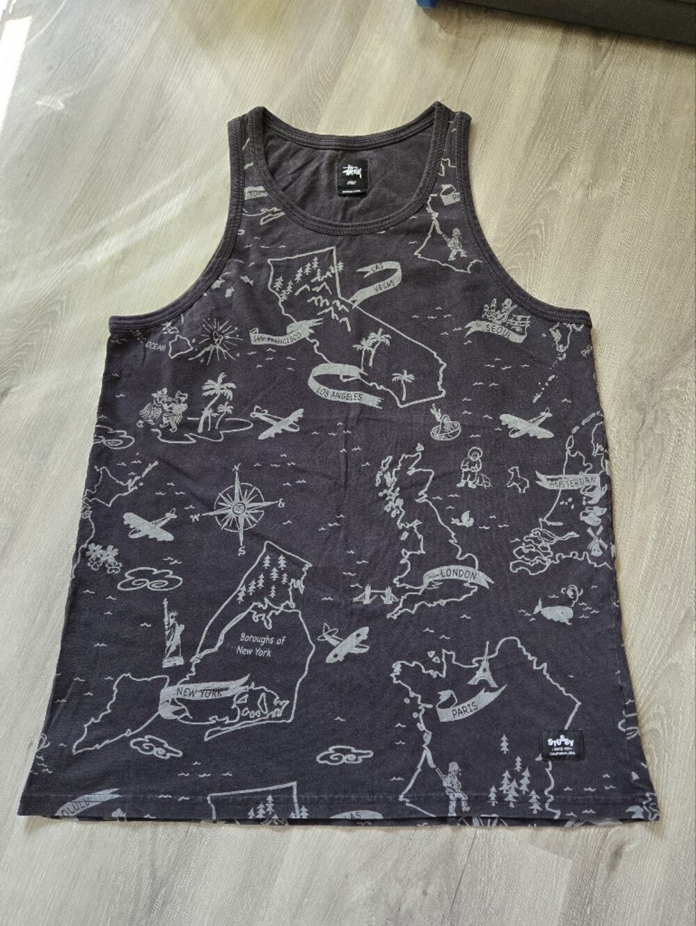 Stussy Men's Black Navy Map-Print Tank Top